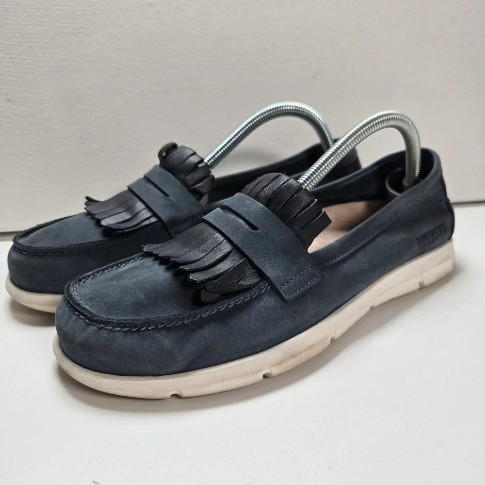 Birkenstock Saitama Moccasins Womens 40‎ Navy Blue Leather Fringe Loafers Shoes
